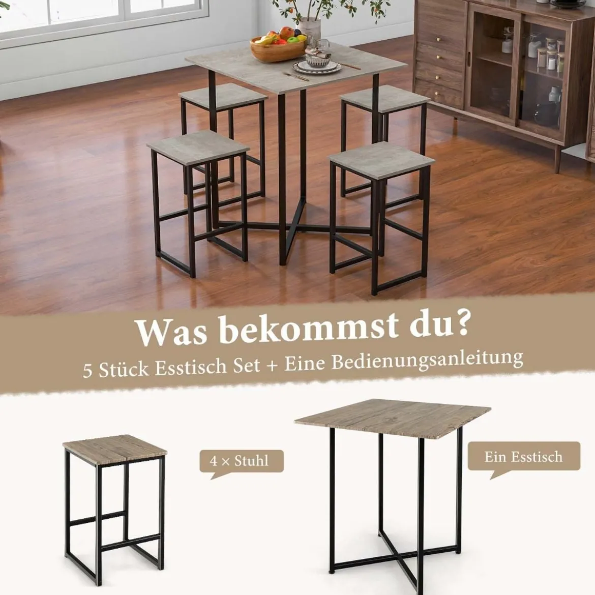 5-Teiliges Esstisch-Set Küchentisch mit 4 Hockern