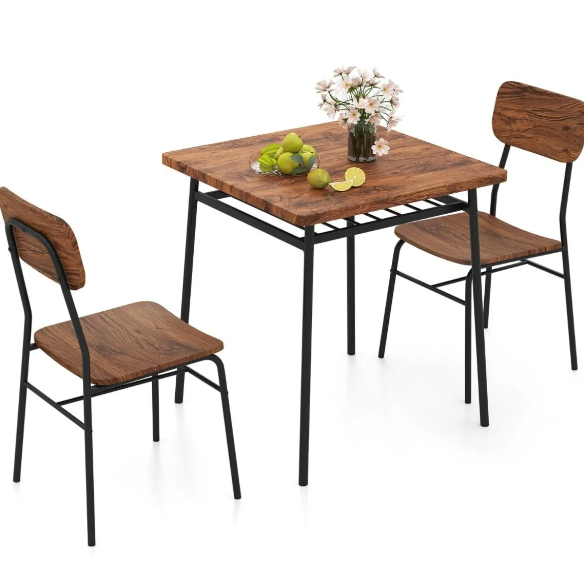 3-teiliges Esstisch-Set mit Ablageregal & 2 Stühlen & Metallrahmen Platzsparender Essbereich