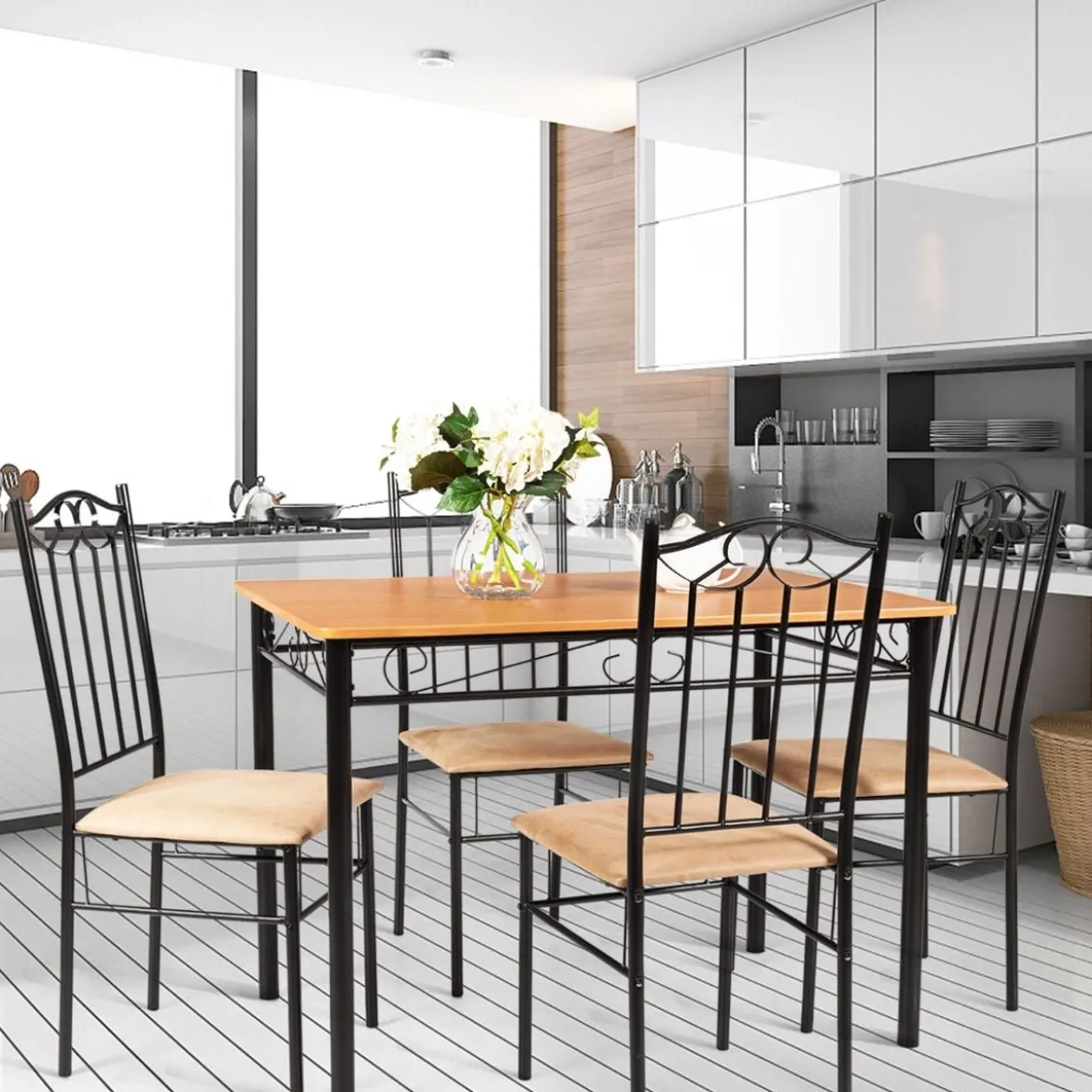 5-teiliges Esstisch-Set mit 4 Gepolsterter Stühlen Essgruppe Sitzgruppe für Esszimmer Küche