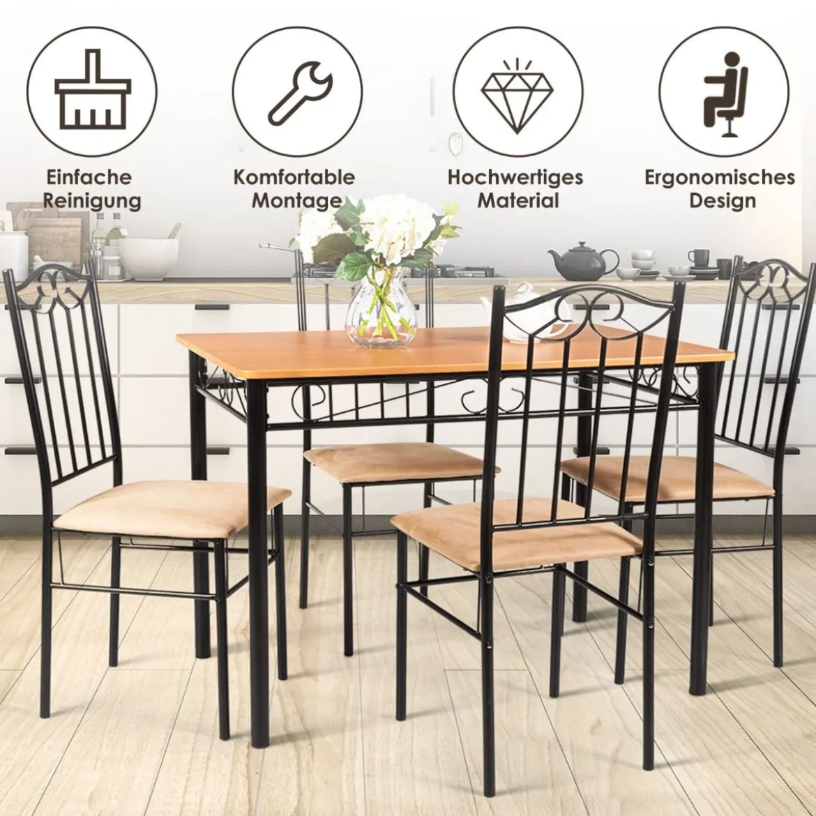 5-teiliges Esstisch-Set mit 4 Gepolsterter Stühlen Essgruppe Sitzgruppe für Esszimmer Küche