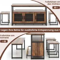 4 teiliges Esstisch Set mit 2 Stühlen & Bank & Stauraum industrielle Essgruppe Küchenschrank