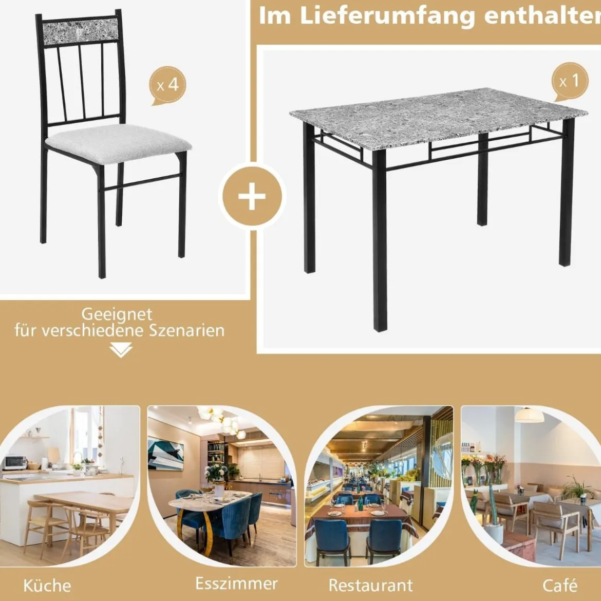 5-teiliges Esstisch-Set rechteckiger Esstisch und gepolsterter Stuhl modernes Esszimmertisch-Set