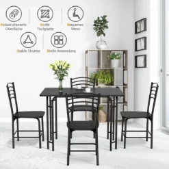 5 teiliges Esstisch Set rechteckiger Küchentisch mit 4 Stühle Essgruppe Metallrahmen Sitzgruppe Esszimmertisch 4 Personen platzsparend Schwarz