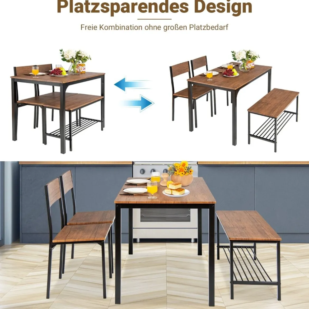 4-teiliges Esstisch und Stuhl Set mit 2 Stühlen & 1 Bank Sitzgarnitur Braun