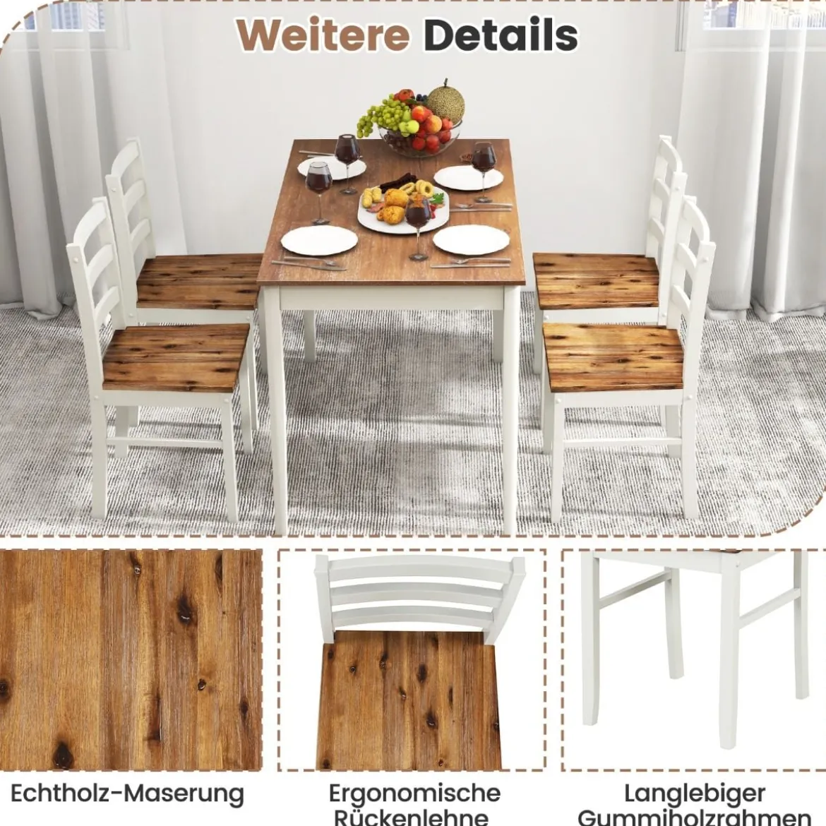 5-teiliges Esszimmer-Set mit rechteckigem Tisch & 4 Stühlen Bauernhaus-Esstisch-Set