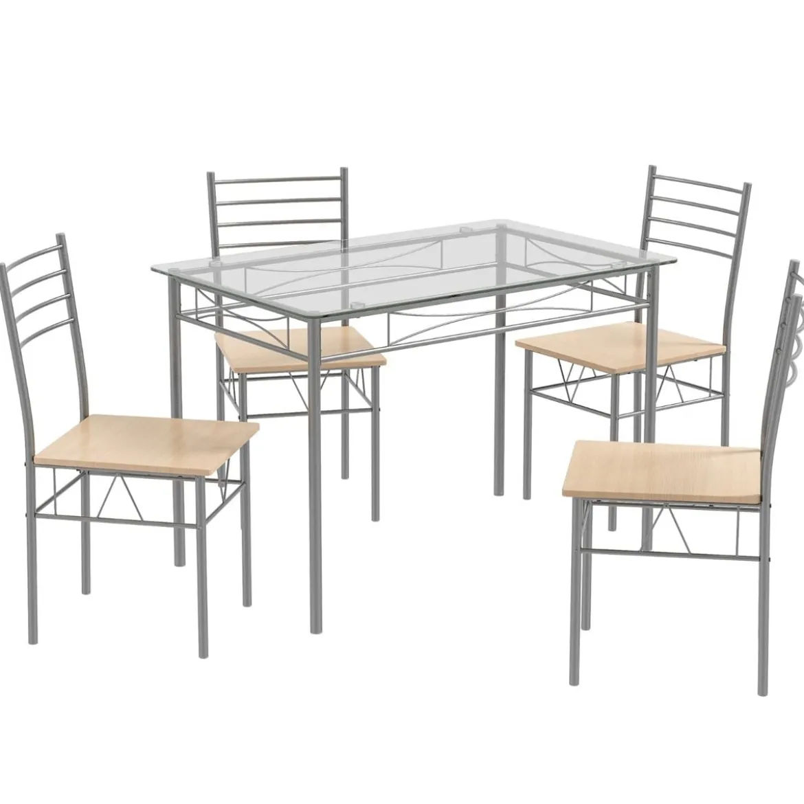5-teiliges Esszimmer-Set Rechteckiger Esstisch aus Glas mit 4 Stühlen & Rostfreiem Metallrahmen