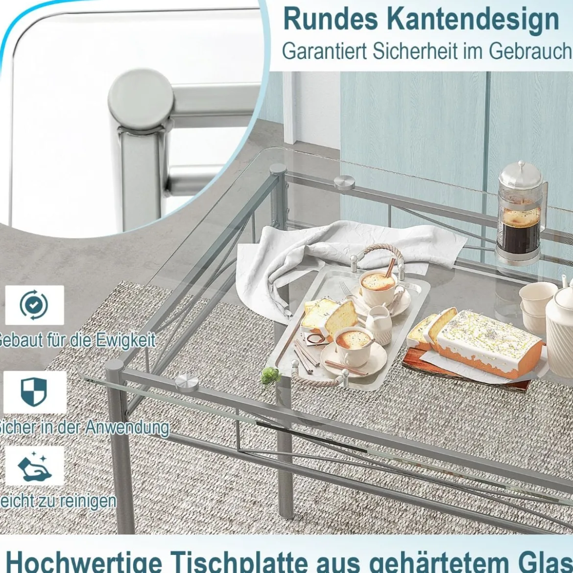 5-teiliges Esszimmer-Set Rechteckiger Esstisch aus Glas mit 4 Stühlen & Rostfreiem Metallrahmen