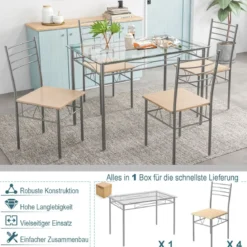 5-teiliges Esszimmer-Set Rechteckiger Esstisch aus Glas mit 4 Stühlen & Rostfreiem Metallrahmen