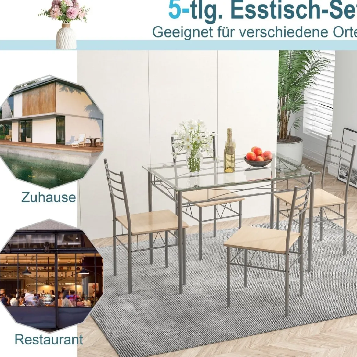 5-teiliges Esszimmer-Set Rechteckiger Esstisch aus Glas mit 4 Stühlen & Rostfreiem Metallrahmen