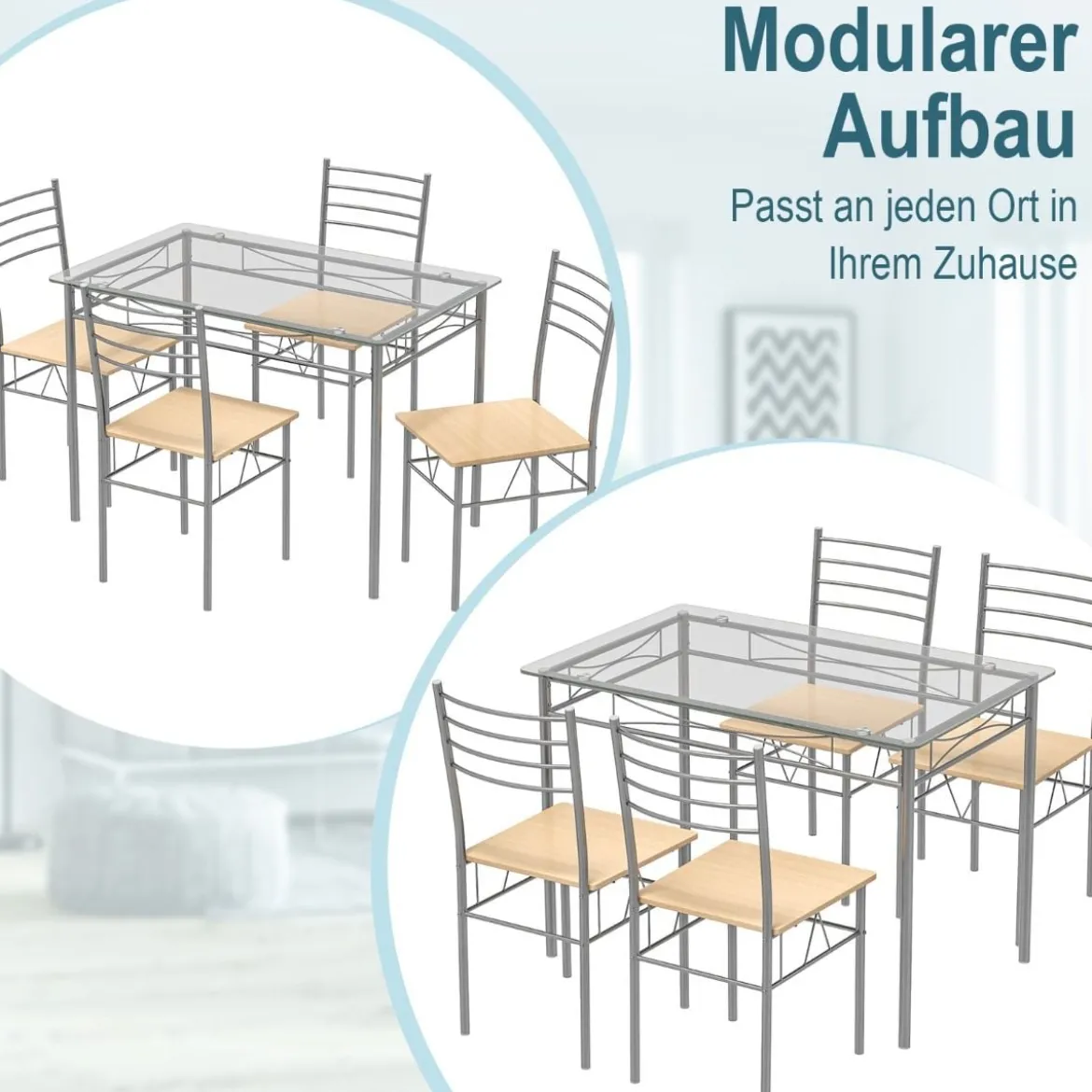 5-teiliges Esszimmer-Set Rechteckiger Esstisch aus Glas mit 4 Stühlen & Rostfreiem Metallrahmen