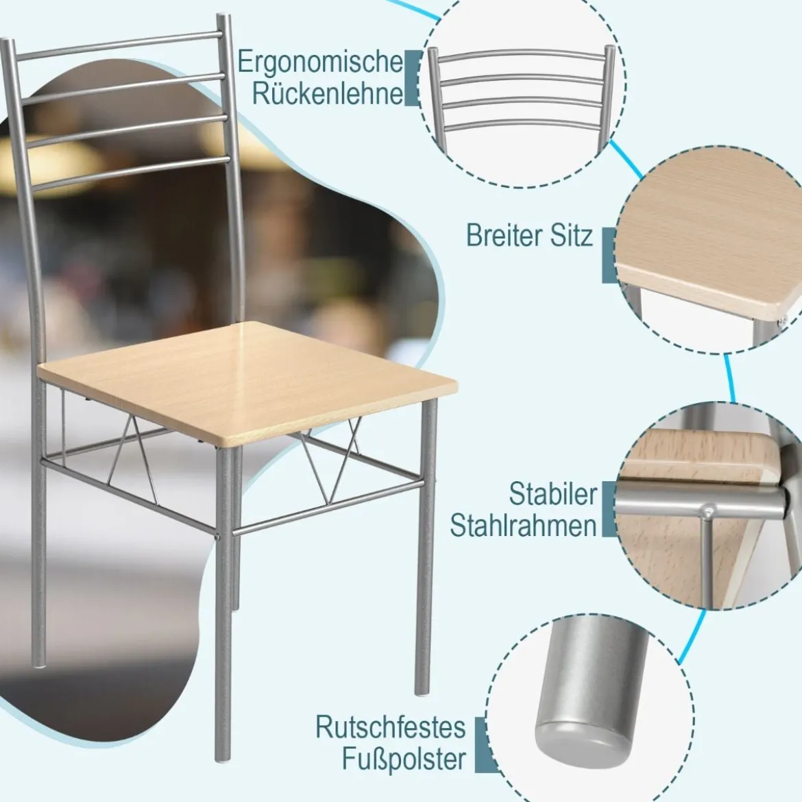 5-teiliges Esszimmer-Set Rechteckiger Esstisch aus Glas mit 4 Stühlen & Rostfreiem Metallrahmen