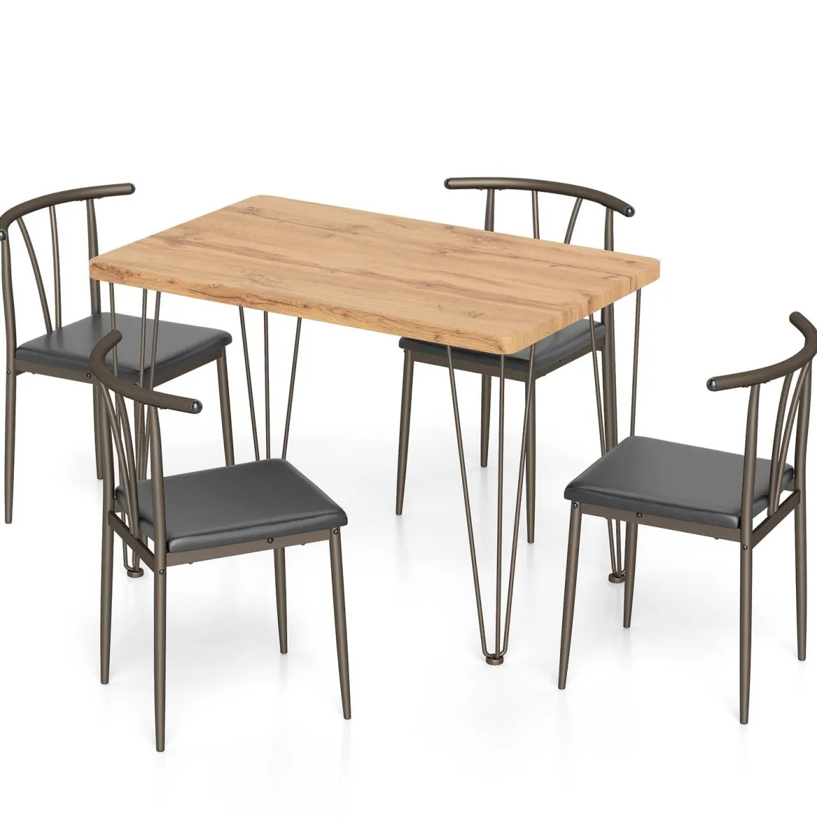 5-teiliges Esszimmertisch-Set rechteckiger Industrietisch & 4 armlose Stühle mit gepolstertem Sitz Schwarz