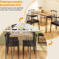 5-teiliges Esszimmertisch-Set rechteckiger Industrietisch & 4 armlose Stühle mit gepolstertem Sitz Schwarz