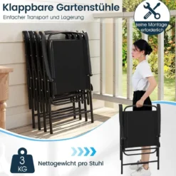 6-teiliges Garten-Essset mit Sonnenschirm Outdoor-Tisch und Stuhlset mit 4 Klappstühlen Schwarz