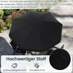 6-teiliges Garten-Essset mit Sonnenschirm Outdoor-Tisch und Stuhlset mit 4 Klappstühlen Schwarz