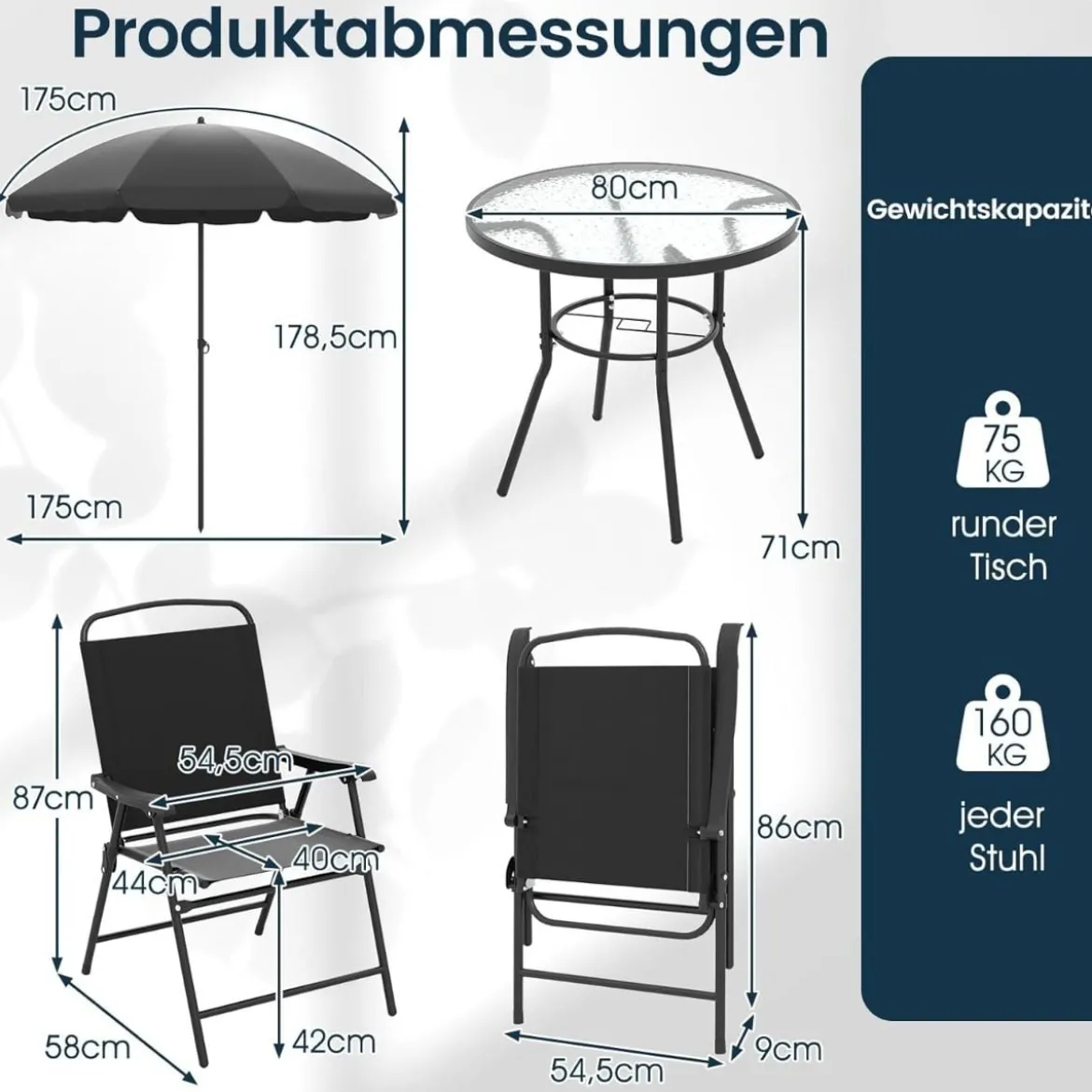 6-teiliges Garten-Essset mit Sonnenschirm Outdoor-Tisch und Stuhlset mit 4 Klappstühlen Schwarz