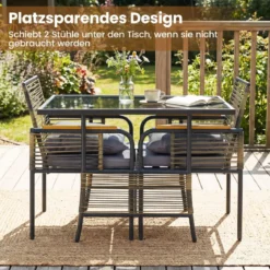3-teiliges Garten-Lounge-Set aus Rattan platzsparendes Outdoor-Ess-Set mit Kissen rechteckiger Gartentisch Grau