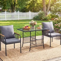 3-teiliges Garten-Lounge-Set aus Rattan platzsparendes Outdoor-Ess-Set mit Kissen rechteckiger Gartentisch Grau
