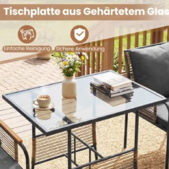 3-teiliges Garten-Lounge-Set aus Rattan platzsparendes Outdoor-Ess-Set mit Kissen rechteckiger Gartentisch Grau