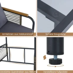 3-teiliges Garten-Lounge-Set aus Rattan platzsparendes Outdoor-Ess-Set mit Kissen rechteckiger Gartentisch Grau