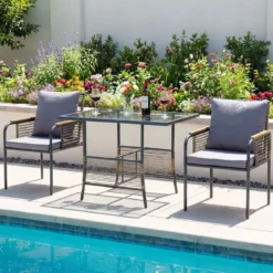 3-teiliges Garten-Lounge-Set aus Rattan platzsparendes Outdoor-Ess-Set mit Kissen rechteckiger Gartentisch Grau