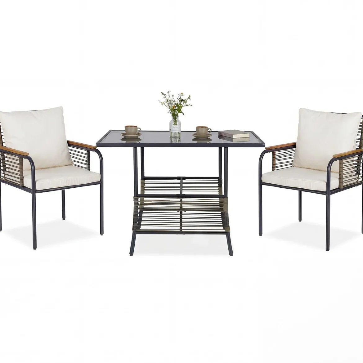 3-teiliges Garten-Lounge-Set aus Rattan platzsparendes Outdoor-Ess-Set mit Kissen rechteckiger Gartentisch Weiß