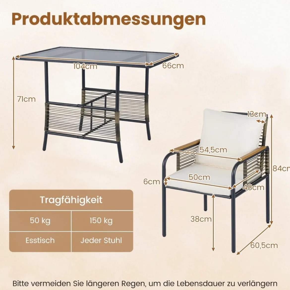 3-teiliges Garten-Lounge-Set aus Rattan platzsparendes Outdoor-Ess-Set mit Kissen rechteckiger Gartentisch Weiß