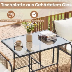 3-teiliges Garten-Lounge-Set aus Rattan platzsparendes Outdoor-Ess-Set mit Kissen rechteckiger Gartentisch Weiß
