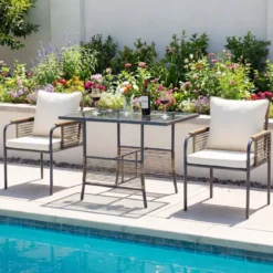 3-teiliges Garten-Lounge-Set aus Rattan platzsparendes Outdoor-Ess-Set mit Kissen rechteckiger Gartentisch Weiß