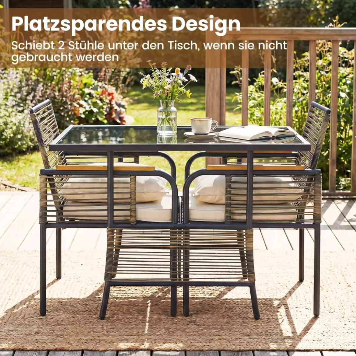 3-teiliges Garten-Lounge-Set aus Rattan platzsparendes Outdoor-Ess-Set mit Kissen rechteckiger Gartentisch Weiß