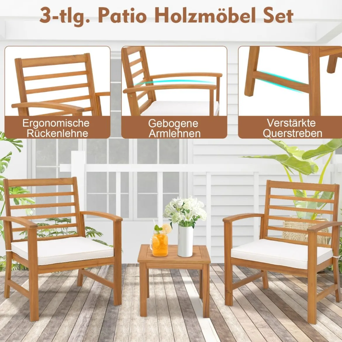 3-teiliges Gartenmöbel-Set aus Akazienholz mit Weichen Sitzkissen & Stabilem Akazienholzrahmen