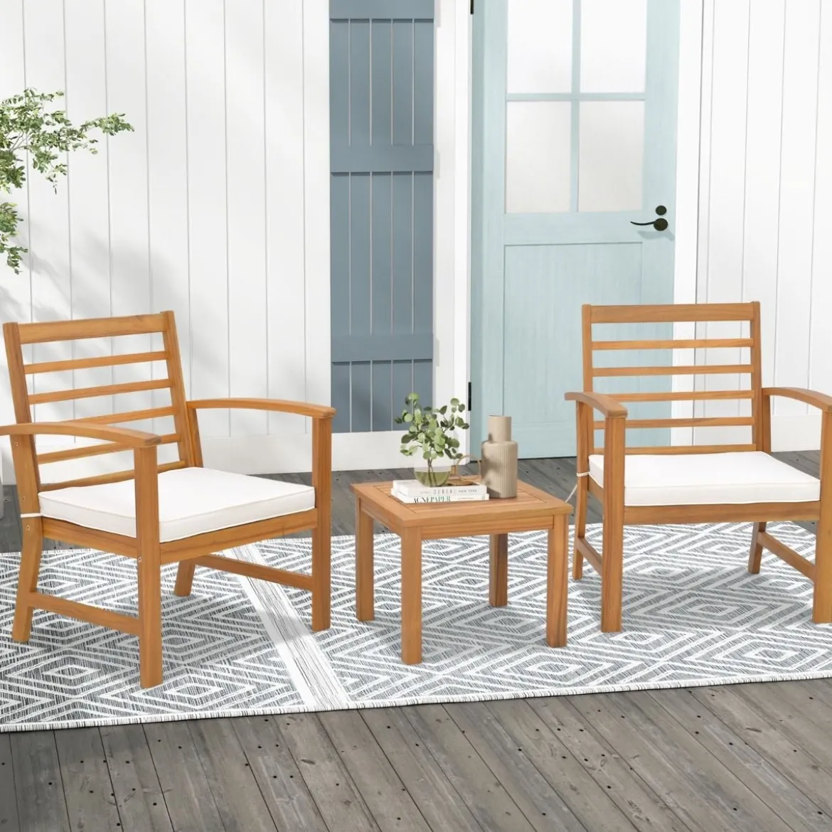 3-teiliges Gartenmöbel-Set aus Akazienholz mit Weichen Sitzkissen & Stabilem Akazienholzrahmen