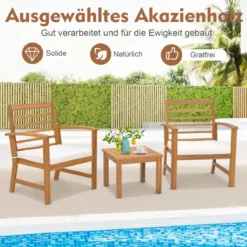 3-teiliges Gartenmöbel-Set aus Akazienholz mit Weichen Sitzkissen & Stabilem Akazienholzrahmen