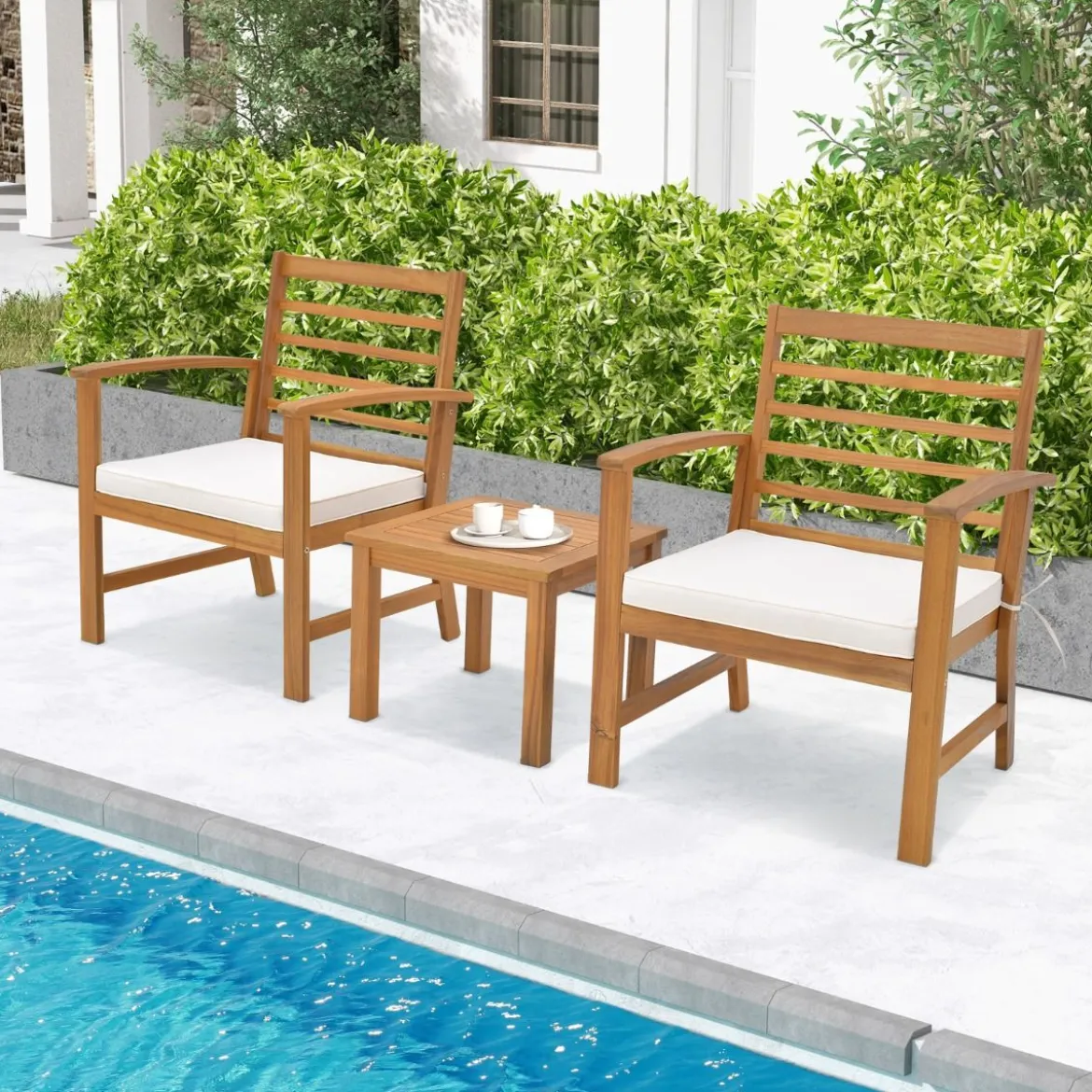 3-teiliges Gartenmöbel-Set aus Akazienholz mit Weichen Sitzkissen & Stabilem Akazienholzrahmen