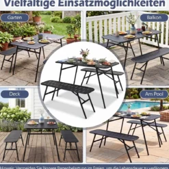 3-teiliges Gartenmöbel Set aus Metall Balkonmöbel mit Tisch & 2 Sitzbänke Belastbar bis 150 kg