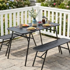 3-teiliges Gartenmöbel Set aus Metall Balkonmöbel mit Tisch & 2 Sitzbänke Belastbar bis 150 kg
