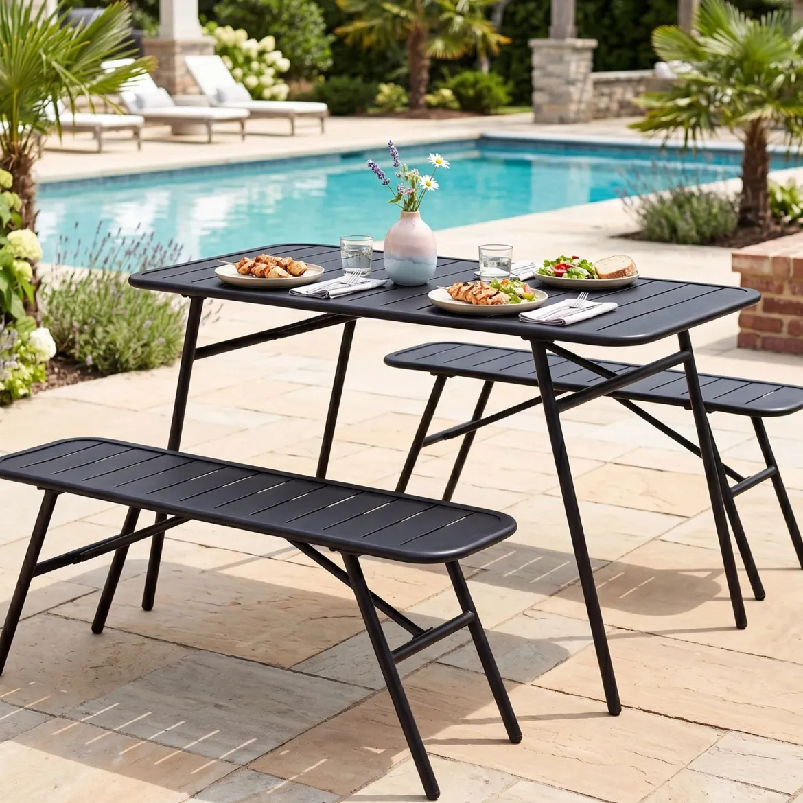 3-teiliges Gartenmöbel Set aus Metall Balkonmöbel mit Tisch & 2 Sitzbänke Belastbar bis 150 kg