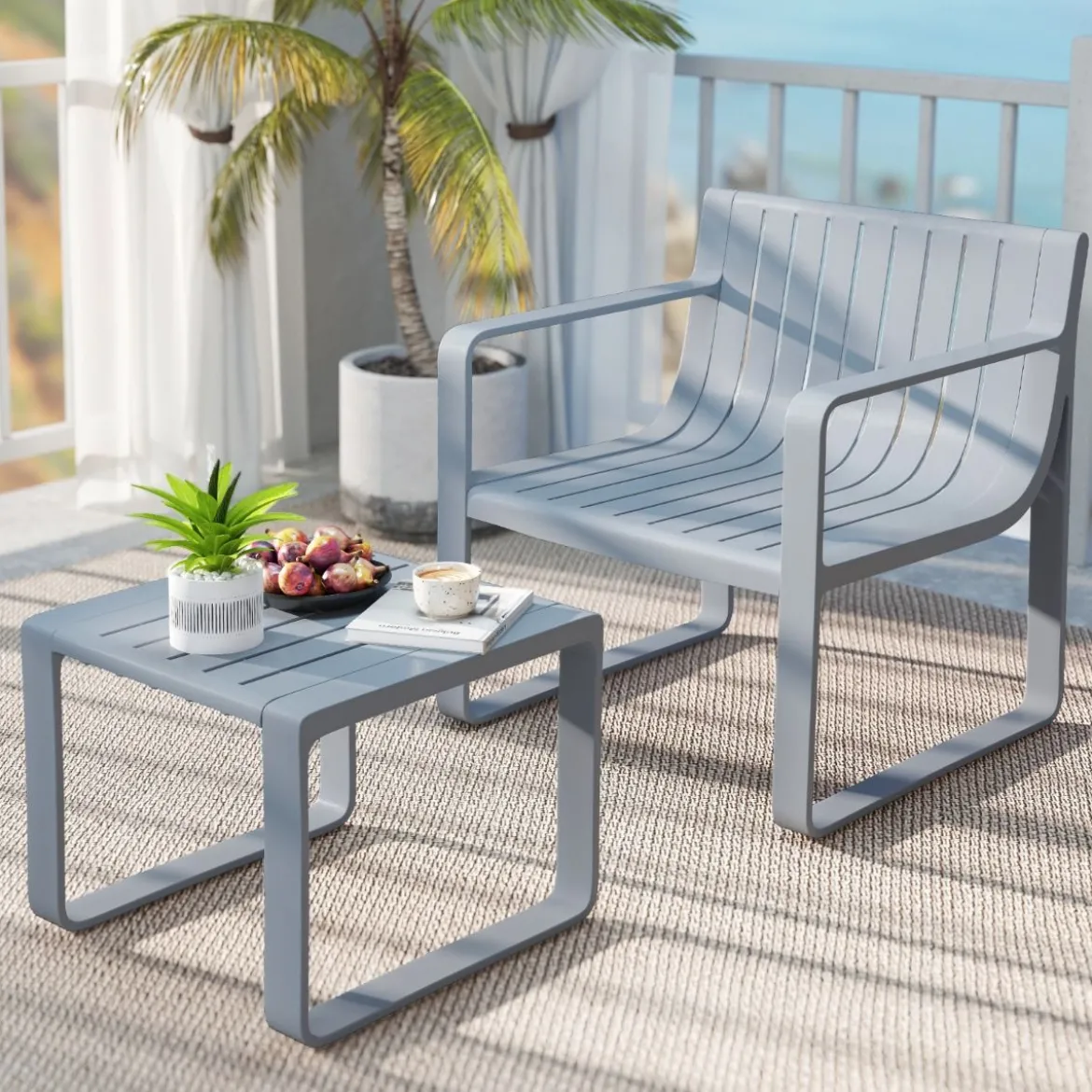 2-teiliges Gartenmöbel Set aus PP Wetterfestes Balkonset Gartensessel mit Tisch Balkonmöbel