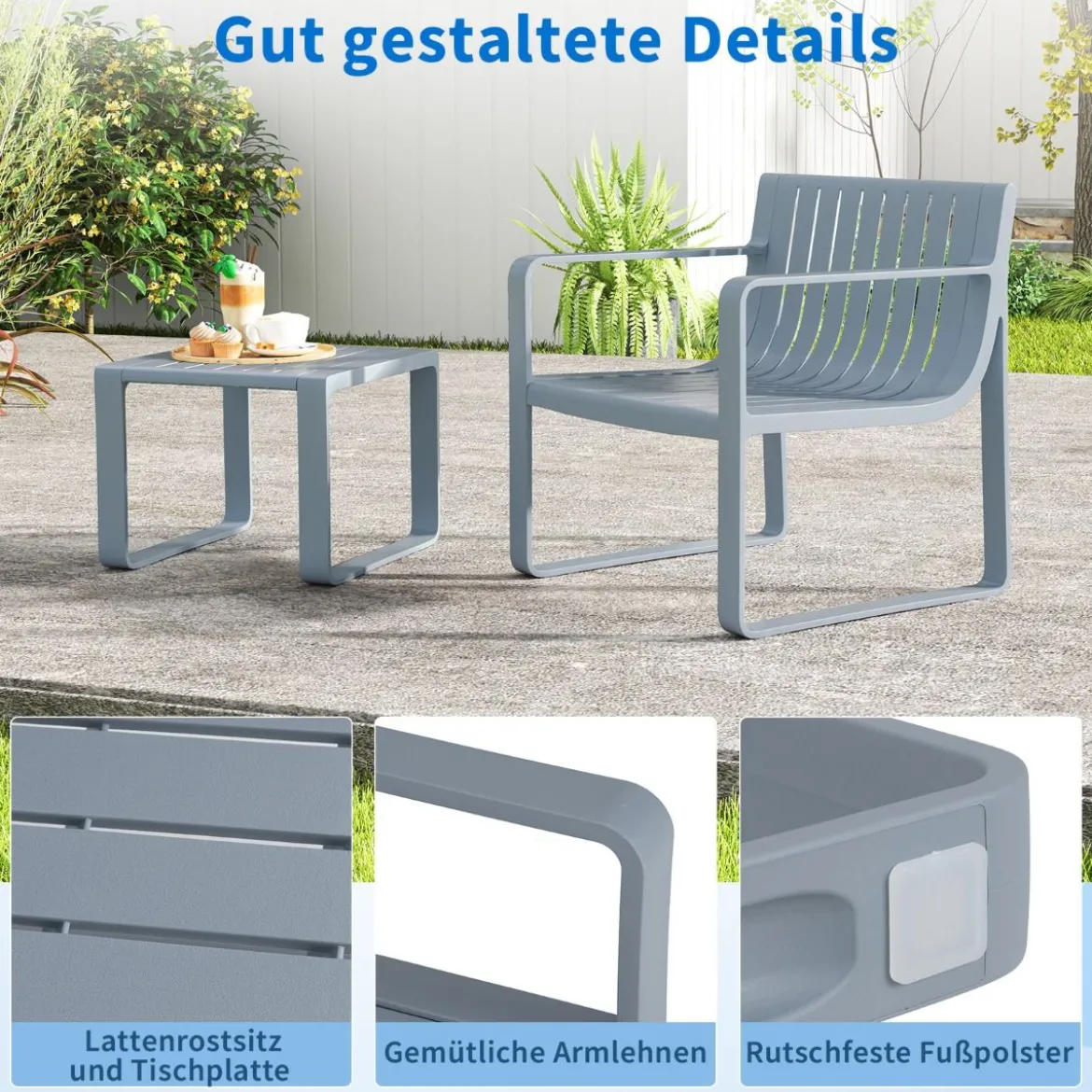 2-teiliges Gartenmöbel Set aus PP Wetterfestes Balkonset Gartensessel mit Tisch Balkonmöbel