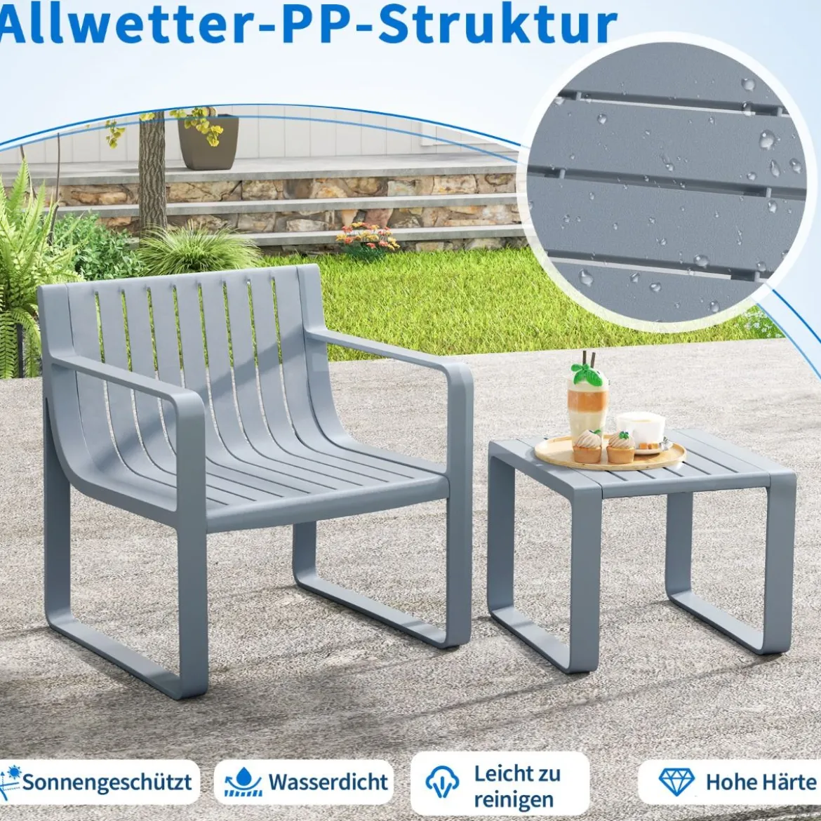 2-teiliges Gartenmöbel Set aus PP Wetterfestes Balkonset Gartensessel mit Tisch Balkonmöbel