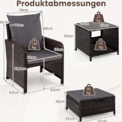 5-teiliges Gartenmöbel-Set aus Polyrattan Balkonmöbel mit 2 Sessel 2 Hocker & Glastisch Grau
