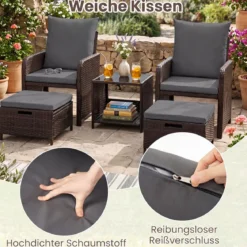 5-teiliges Gartenmöbel-Set aus Polyrattan Balkonmöbel mit 2 Sessel 2 Hocker & Glastisch Grau