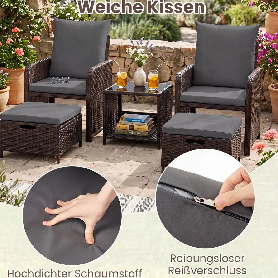 5-teiliges Gartenmöbel-Set aus Polyrattan Balkonmöbel mit 2 Sessel 2 Hocker & Glastisch Grau