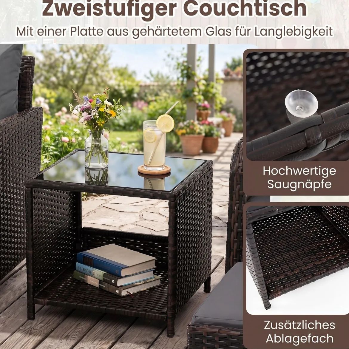 5-teiliges Gartenmöbel-Set aus Polyrattan Balkonmöbel mit 2 Sessel 2 Hocker & Glastisch Grau