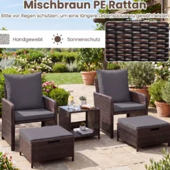 5-teiliges Gartenmöbel-Set aus Polyrattan Balkonmöbel mit 2 Sessel 2 Hocker & Glastisch Grau