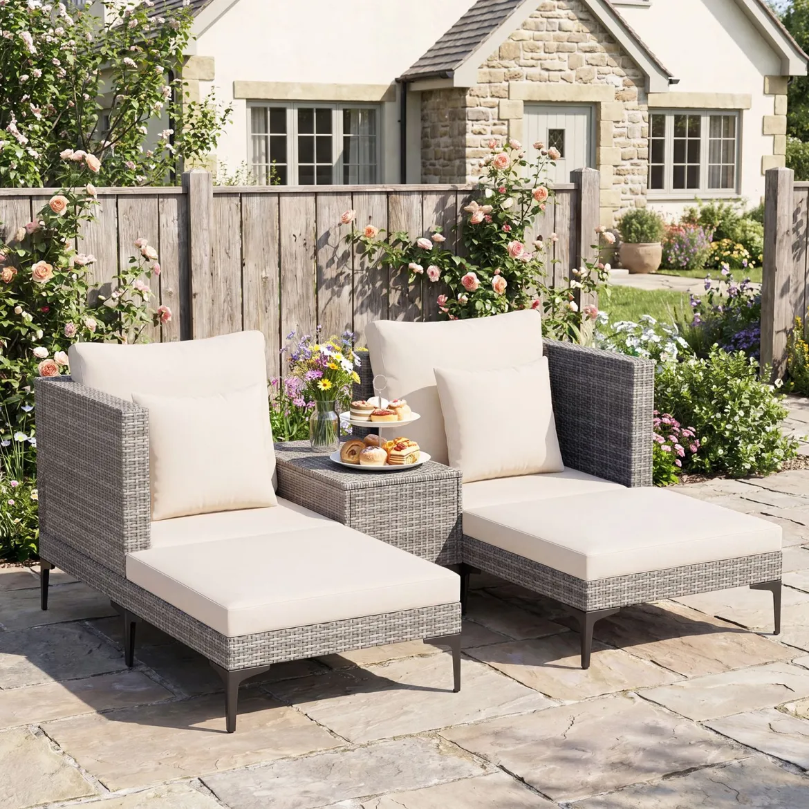 5-Teiliges Gartenmöbel Set aus Polyrattan Balkonmöbel Set inkl. 2 Sofas 2 Fußhockern & 1 Couchtisch Weiß/Grau