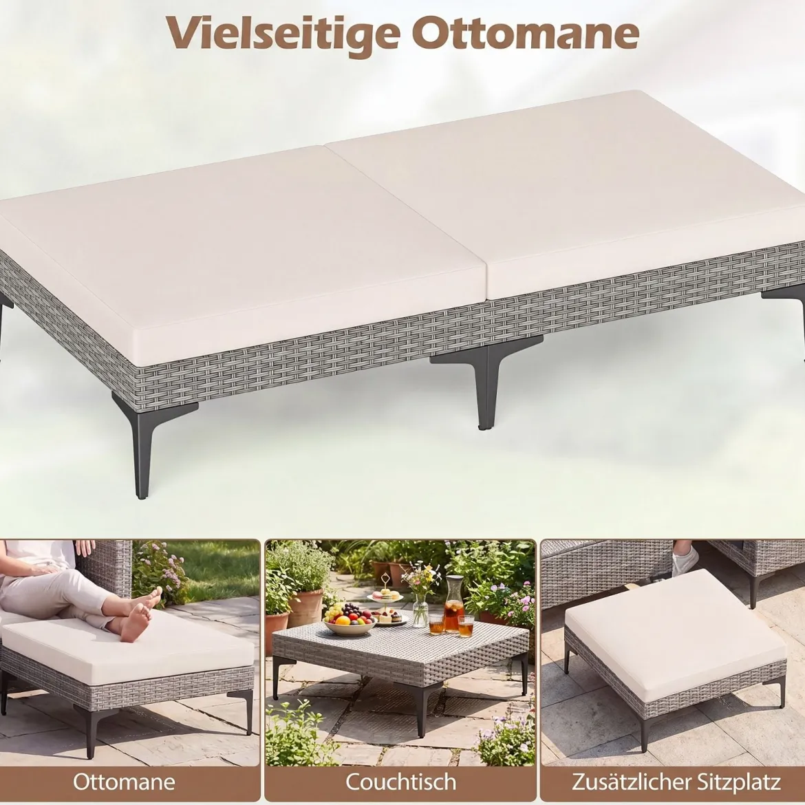 5-Teiliges Gartenmöbel Set aus Polyrattan Balkonmöbel Set inkl. 2 Sofas 2 Fußhockern & 1 Couchtisch Weiß/Grau
