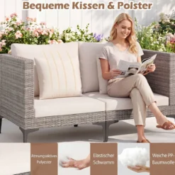 5-Teiliges Gartenmöbel Set aus Polyrattan Balkonmöbel Set inkl. 2 Sofas 2 Fußhockern & 1 Couchtisch Weiß/Grau