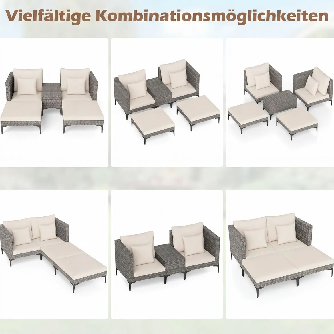 5-Teiliges Gartenmöbel Set aus Polyrattan Balkonmöbel Set inkl. 2 Sofas 2 Fußhockern & 1 Couchtisch Weiß/Grau