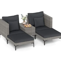 5-Teiliges Gartenmöbel Set aus Polyrattan Balkonmöbel Set inkl. 2 Sofas 2 Fußhockern & 1 Couchtisch Weiß/Grau